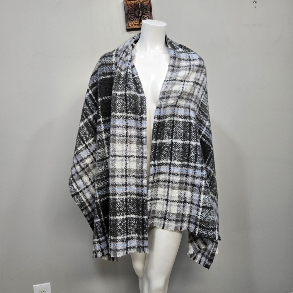 Aerie Blanket Scarf Wrap One Size Black Gray Blue Windowpane Plaid Oversized